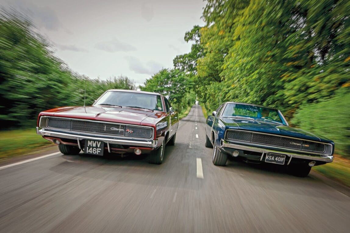 Two very different 1968 Dodge Chargers in the Scottish countryside